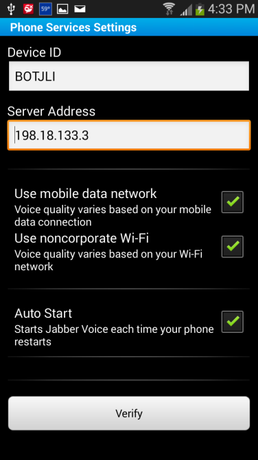 Cisco Jabber Voice setup screen