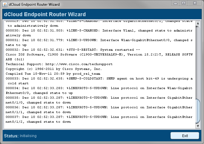 Cisco dCloud Endpoint Router Wizard - Status Window